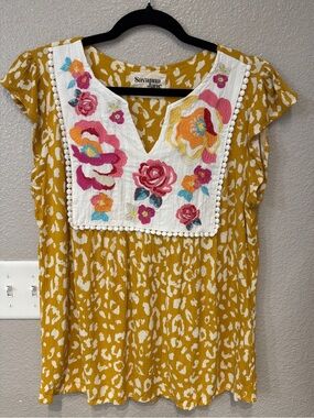 Savanna Jane Embroidered Floral Boho Top Mustard Leopard Print Size M